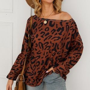 Brand new Animal print waffle knit long sleeve shirt in brown S-XL